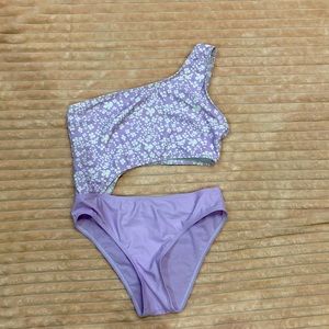 Girls cutout swim suit , lilac purple floral